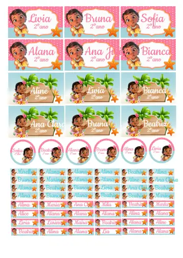 Convite Etiqueta Escolar Moana Baby Festa para festa temática infantil inspirada na moana. – tema más buscados (tropical, colorido, marítimo, aventura, infantil, lúdico)