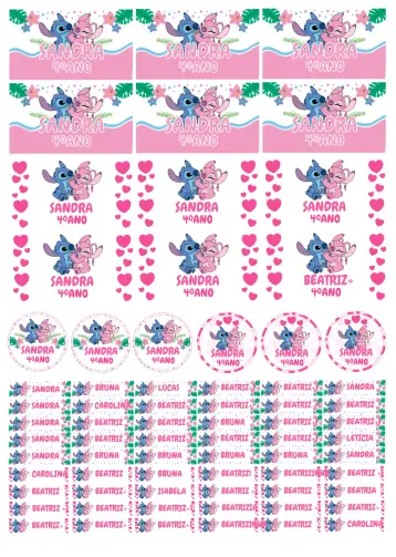 Convite Etiqueta Escolar Stitch E Angel Rosa editável e personalizável