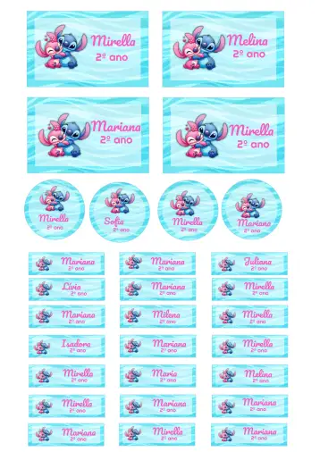 Convite Etiqueta Escolar Stitch Menina para ideal para fiestas de regreso a clases o personalización de material escolar. – tema más buscados (azul, infantil, divertido, colorido, moderno)