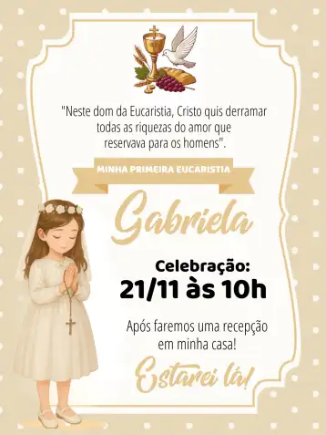 Convite Eucaristia Primeira Comunhão Menina Coroinha editável e personalizável