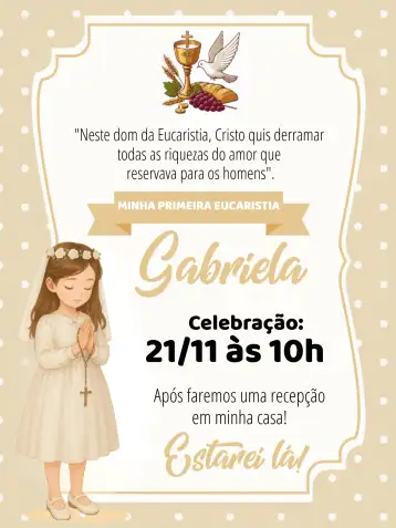 Convite Eucaristia Primeira Comunhão Menina Coroinha editável e personalizável