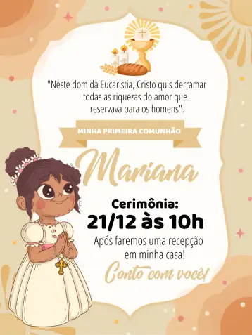 Convite Eucaristia Primeira Comunhão - Menina Negra Católico para celebração da eucaristia e primeira comunhão. – tema primeira comunhão (colorido, moderno, delicado, cultural, festivo)
