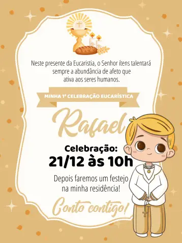 Convite Eucaristia - Primeira Comunhão Menino Coroinha para primeira comunhão de um menino coroinha. – tema primeira comunhão (minimalista, delicado, pastel, religioso, luz, infantil)