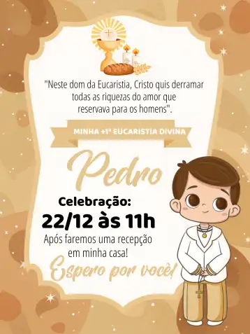 Convite Eucaristia Primeira Comunhão Menino Igreja editável e personalizável
