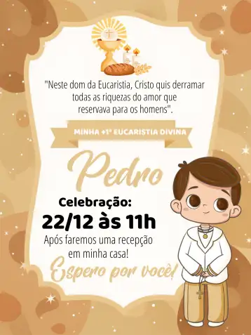 Convite Eucaristia Primeira Comunhão Menino Igreja editável e personalizável