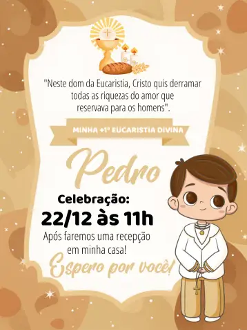 Convite Eucaristia Primeira Comunhão Menino Igreja para celebração da primeira comunhão de meninos na igreja. – tema primeira comunhão (pastel, religioso, infantil, minimalista, alegre, suave)