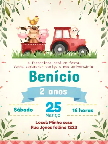 Convite Fazendinha Animais editável e personalizável