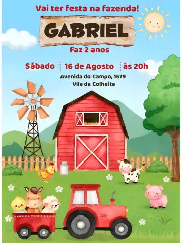 Convite Aquarela Farm para children's birthday – tema most searched for (watercolor, rural, red, colorful, playful, fun)