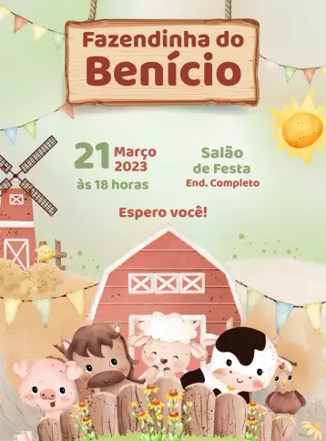 Convite Fazendinha Bichinhos para aniversário infantil com tema de fazenda. – tema mais pesquisados (colorido, rural, divertido, ilustração infantil, animais da fazenda, estilo vintage)