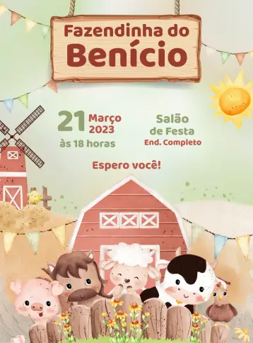 Convite Fazendinha Bichinhos editável e personalizável