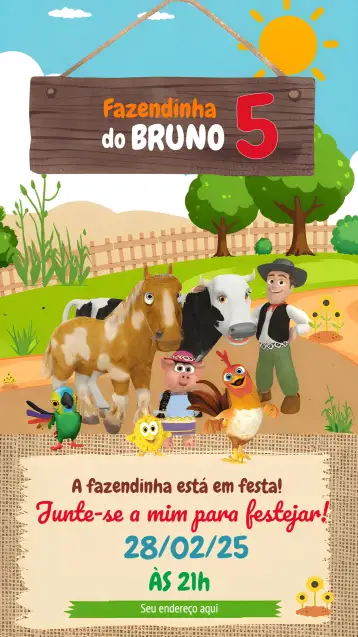 Convite Fazendinha Do Zenon Infantil para aniversário infantil com tema de fazenda. – tema mais pesquisados (colorido, lúdico, temático, divertido, infantil)
