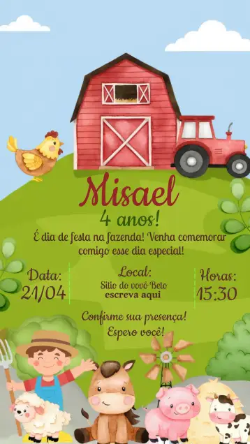 Convite Granja Granja para cumpleaños infantil – tema más buscados (colorido, divertido, rústico, infantil, natural, ilustraciones de animales)