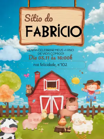 Convite Fazendinha Infantil Aquarela editável e personalizável