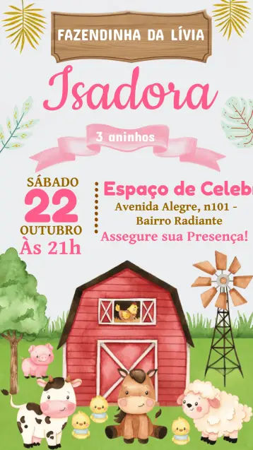 Invitación Granjita Niña Acuarela editable y personalizable