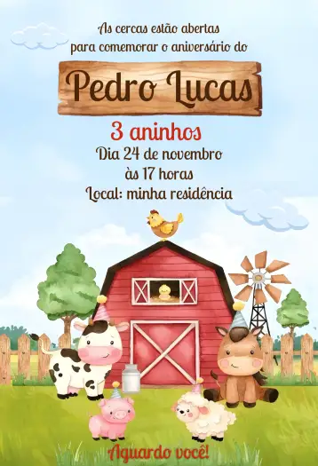 Convite Granja Niño Colorido para cumpleaños infantil con temática de granja. – tema más buscados (colorido, lúdico, temas de natureza, estilo aquarela, rústico, divertido)