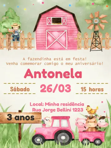 Convite Fazendinha Rosa Animais editável e personalizável