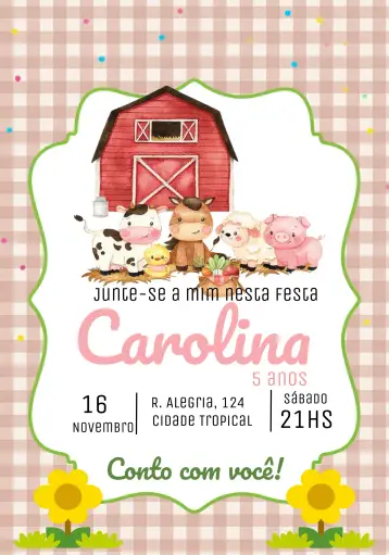 Convite Pink Farm para children's birthday with a farm theme. – tema most searched for (pink, farm, playful, children's, colorful, themed)