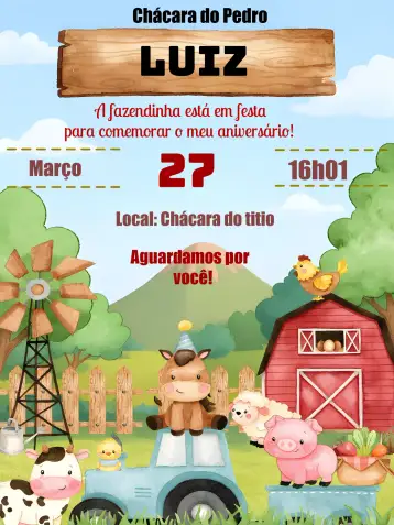 Convite Granja Roja para cumpleaños infantil con temática de granja. – tema más buscados (rústico, colorido, divertido, temático, infantil)