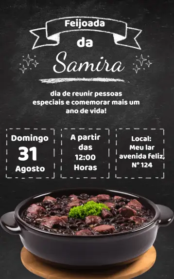 Convite Almuerzo de Feijoada para cumpleaños con temática de feijoada. – tema cumpleaños (elegante, sofisticado, minimalista, brasileño, moderno, vintage)