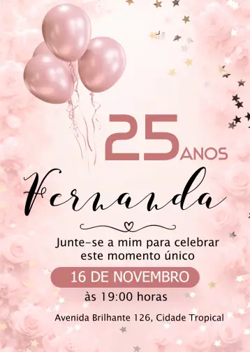 Convite Feminino Estrela para aniversário feminino elegante e sofisticado. – tema aniversário (minimalista, rosa, dourado, elegante, moderno)