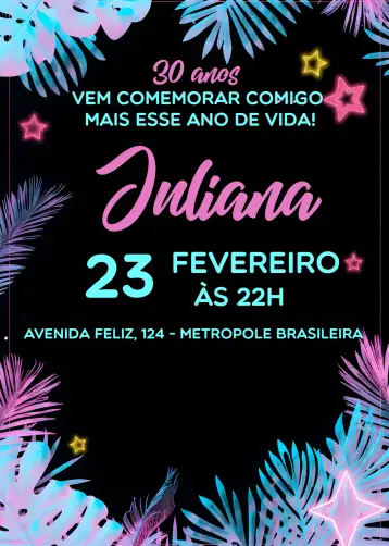 Convite Female Leaves para female birthday, ideal for party celebrations. – tema birthday (foliage, modern, neon, feminine, vibrant)