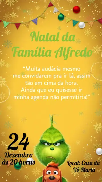 Convite Festa De Natal Grinch Verde para festa de natal e confraternizações de final de ano. – tema datas comemorativas (vermelho, verde, divertido, humorístico, festivo, colorido)