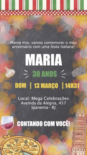 Invitación Fiesta Italiana Pastas editable y personalizable