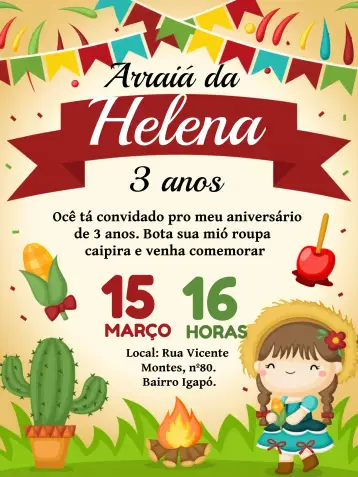 Convite Festa Junina Arraiá Bolo editável e personalizável