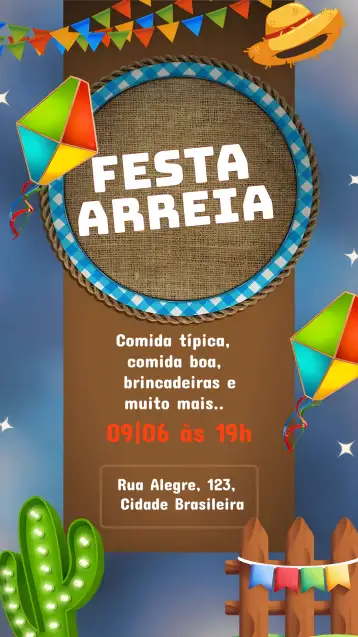 Convite Festa Junina Balão para festa junina e arraiá. – tema datas comemorativas (colorido, tradicional, festivo, vibrante, rústico, alegre)