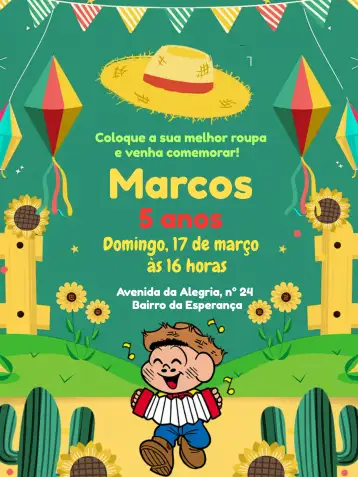 Convite Fiesta Junina Del Cascão Fogos para fiesta junina – tema fechas conmemorativas (colorido, infantil, temático, tradicional, divertido, festivo)