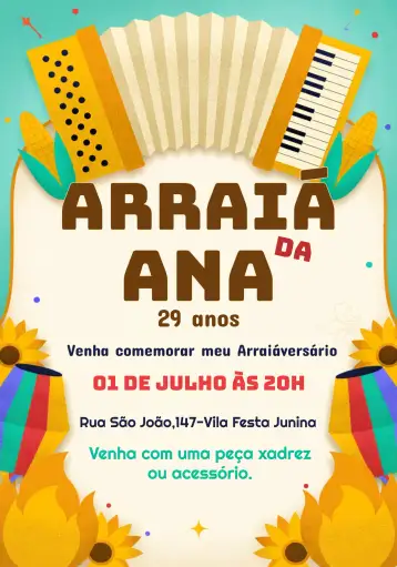 Convite João's June Party para june party or celebrations related to northeastern culture. – tema commemorative dates (vibrant, colorful, traditional, Northeastern, rustic, festive)