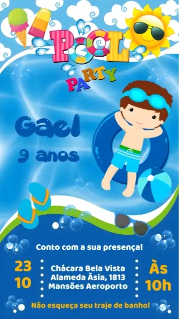Convite Pool Party para cumpleaños en un ambiente relajado y refrescante. – tema cumpleaños (verano, tropical, colorido, divertido, moderno, playero)