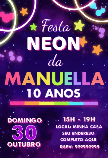 Convite Festa Neon 1 editável e personalizável