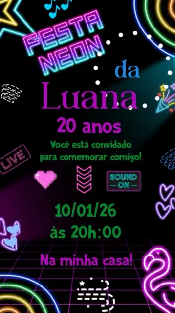 Convite Festa Neon para aniversário com tema neon e divertido. – tema aniversário (neon, colorido, moderno, iluminação, vibrante, divertido)