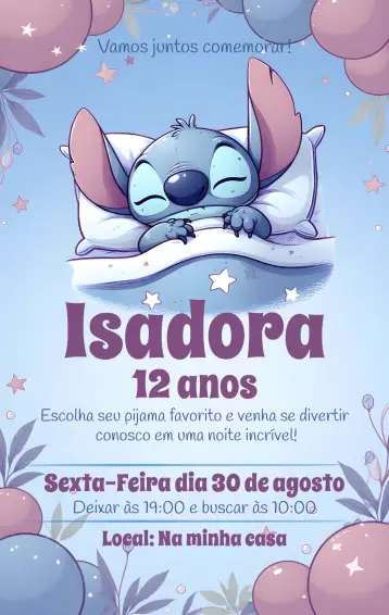 Convite Festa Pijama Stitch Lilo Azul editável e personalizável