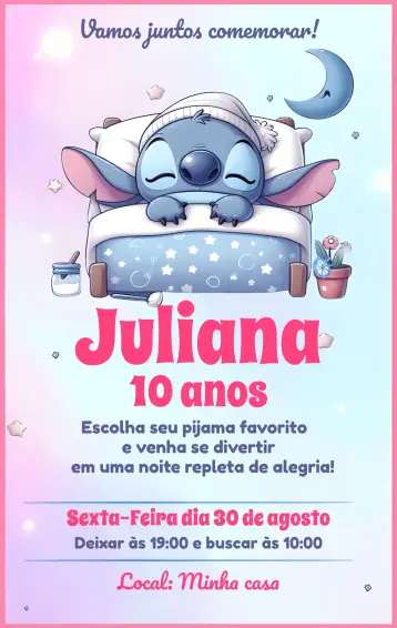 Convite Festa Pijama Stitch Menina editável e personalizável