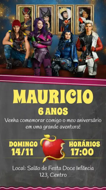 Convite Teen Descendants Movie para kids birthday with descendants movie theme. – tema kids' birthday party (chalkboard, modern, colorful, childlike, adventure)
