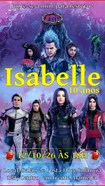 Convite Película Los Descendientes Adolescentes para cumpleaños infantil – tema cumpleaños infantil (colorido, fantasía, mágico, moderno, temático, divertido)