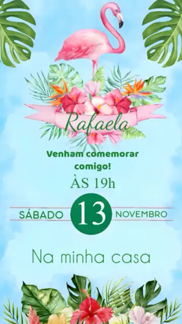 Convite Flamingo para cumpleaños tropical y divertido. – tema cumpleaños (tropical, colorido, vibrante, veraniego, divertido, estilo boho)