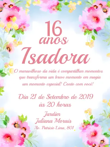 Convite Floral 15 Anos - Rosa E Branco Menina editável e personalizável