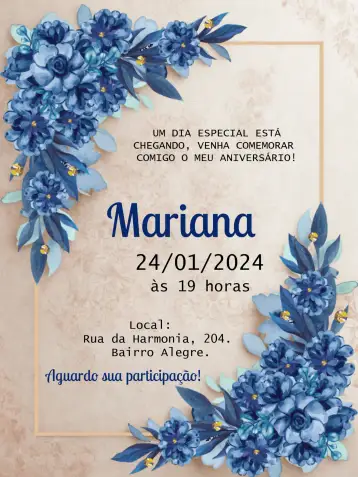 Convite Floral Azul Dourado para aniversário adulto com estilo e sofisticação. – tema aniversário (floral, elegante, dourado, moderno, vibrante, sofisticado)