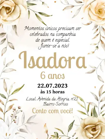 Convite Floral Delicado para aniversário com tema floral e encantado. – tema aniversário (floral, delicado, elegante, suave, romântico, jardim)