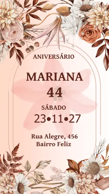 Convite Floral Marrom para aniversário de adultos que buscam sofisticação e charme. – tema aniversário (floral, elegante, moderno, neutro, natural, sustentável)