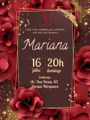 Convite Floral Rojo para bodas, cumpleaños y fiestas temáticas. – tema más buscados (floral, elegante, romántico, moderno, dorado, vintage)