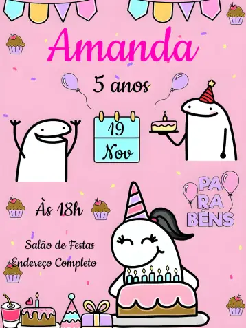 Convite Flork Bentô para cumpleaños infantil. – tema más buscados (rosa, blanco, infantil, colorido, divertido, moderno)