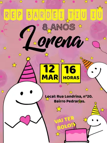 Convite Flork Bentô Rosa para cumpleaños infantil – tema más buscados (colores vibrantes, estilo lúdico, elementos gráficos divertidos, diseño moderno, inspirado en dibujos animados)