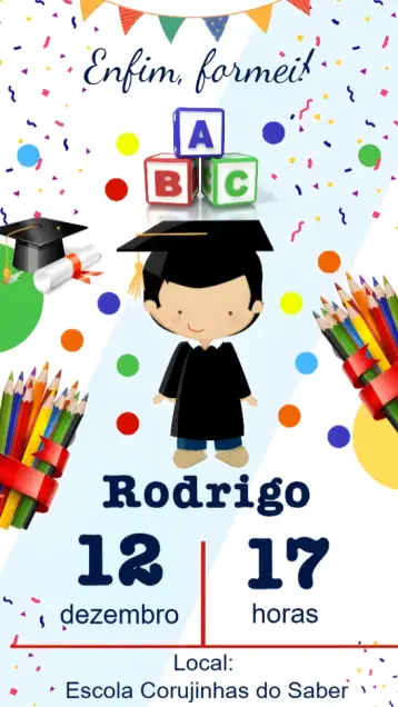 Convite Formatura para formatura de crianças e adolescentes em escolas. – tema formatura (colorido, moderno, divertido, escolar, animado, jovial)