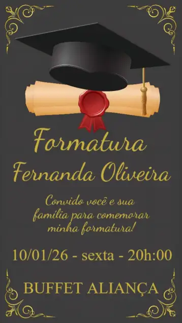 Convite Formatura para formatura – tema formatura (moderno, elegante, minimalista, clássico, colorido, dourado)
