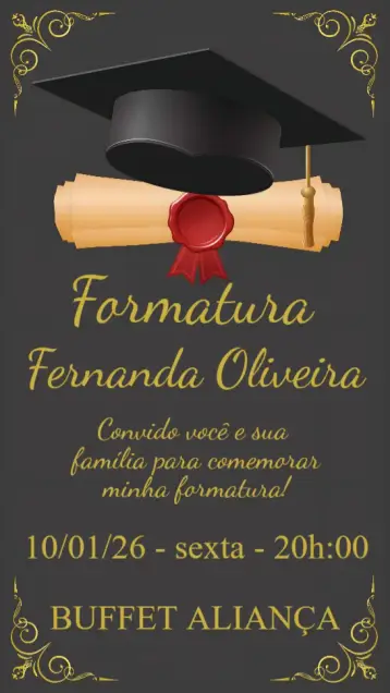 Convite Formatura para formatura – tema formatura (moderno, elegante, minimalista, clássico, colorido, dourado)