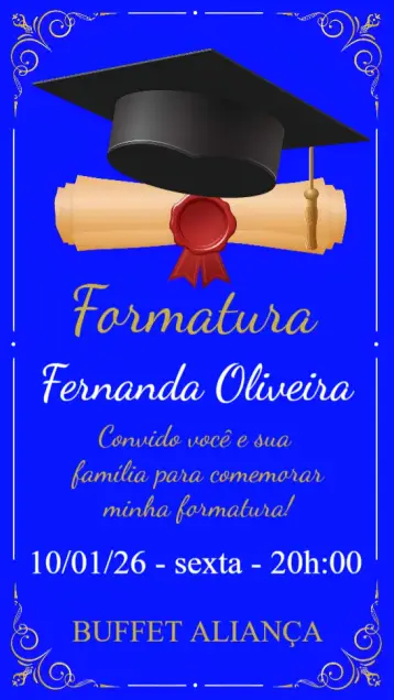 Convite Formatura para formatura - celebre sua conquista com estilo! – tema formatura (moderno, elegante, minimalista, dourado, vintage, colorido)